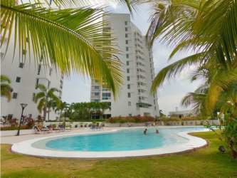 Lagoon pool with palm trees, gardens and condos at Playa Blanca Panama