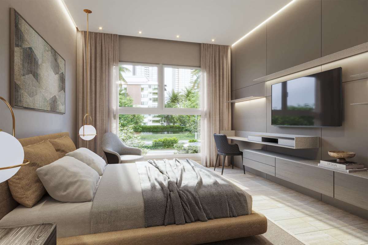 Bedroom with modern finishes, large window, built-in cabinetry Santa María Golf Panama