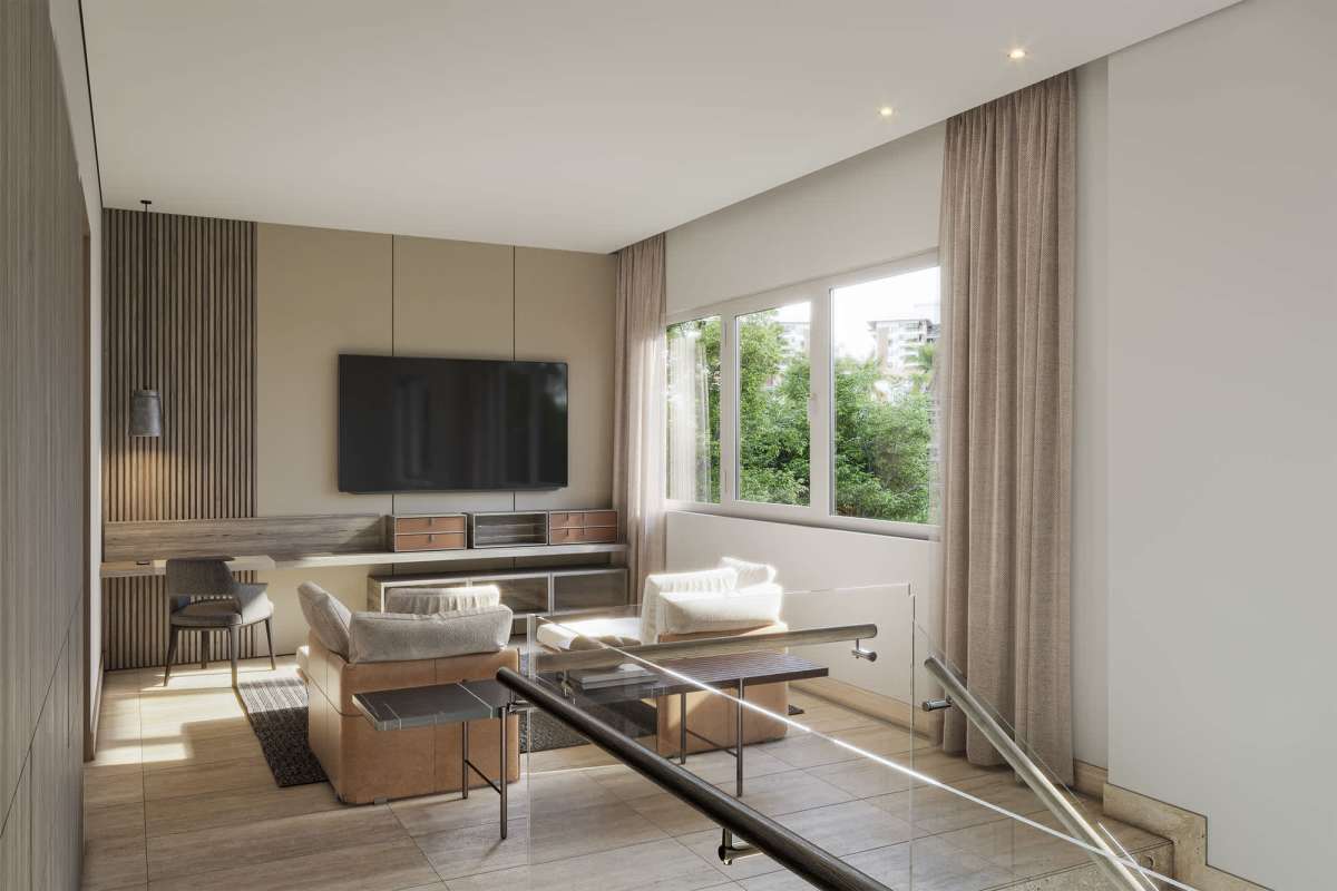 Bright living room with city views, modern furniture, and wooden accents Santa María Panama