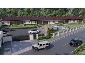 Gated entrance and pool of residential conceptual design at Nueva Gorgona investment lot Panama