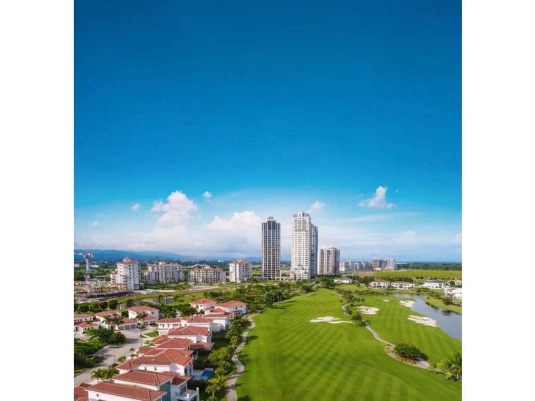 Aerial showing golf course and luxury residences in Fairway Estates Santa Maria Panama City