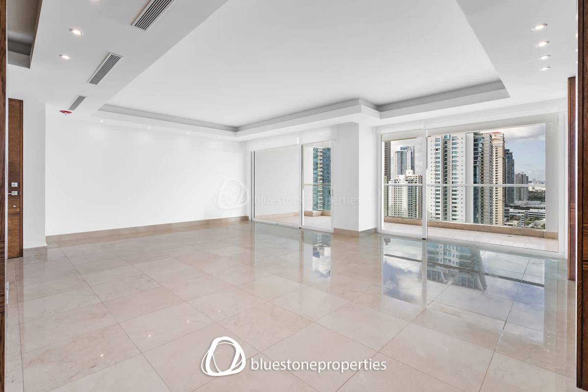 Dining space with marble floors and skyline views in PH Paramount Costa del Este Panama