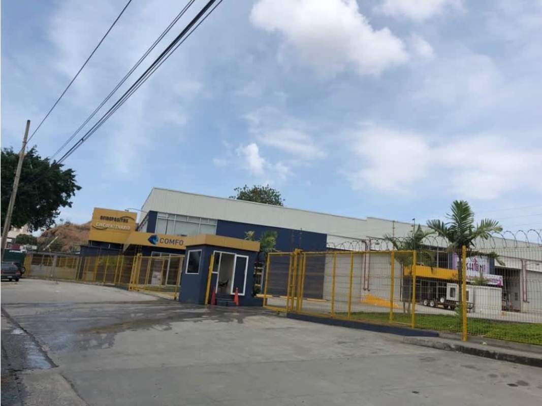 Exterior entrance of a fenced industrial warehouse complex with gated security along Vía Cincuentenario Panama City