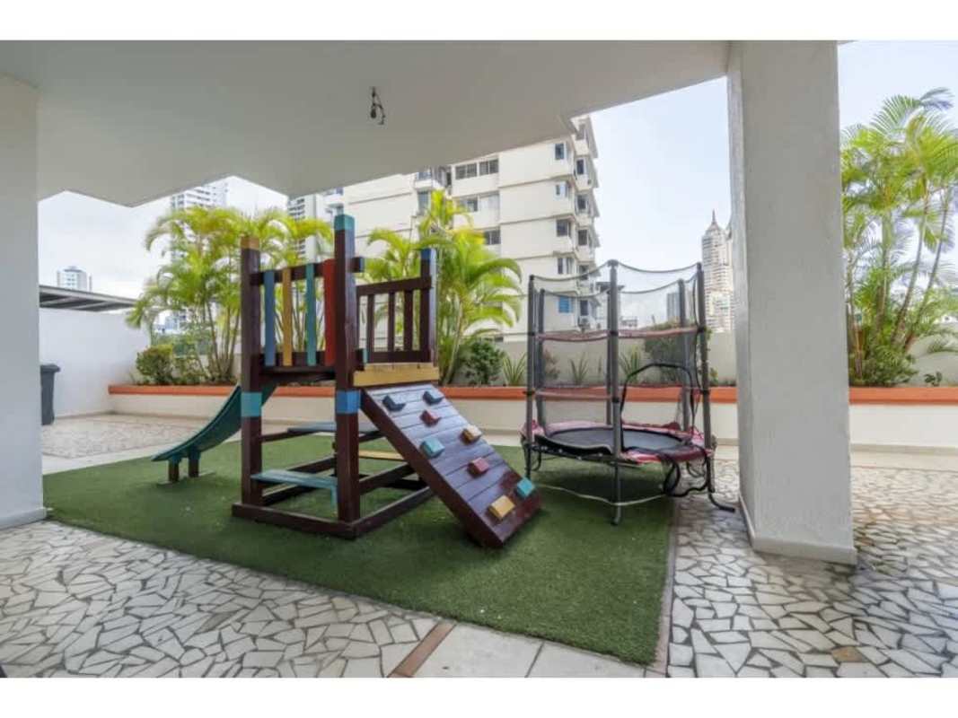 Children's play zone terrace trampoline slide city views PH Mandalay Panama