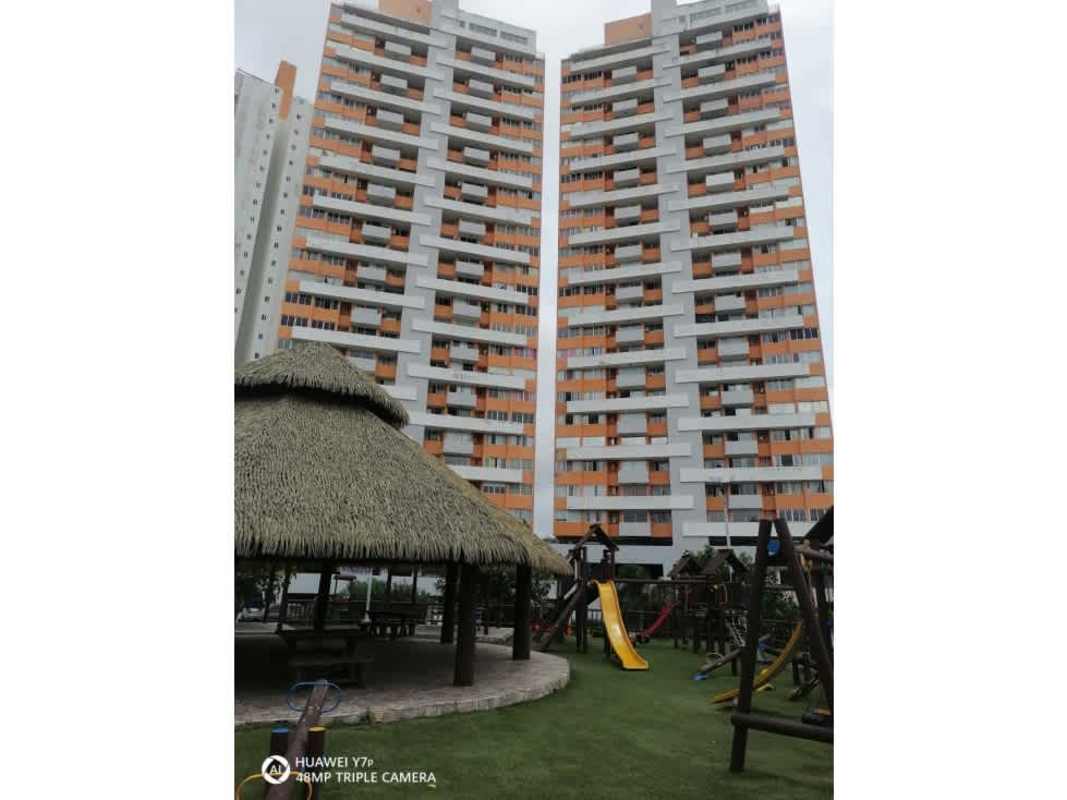 Residential tower facade with playground and gazebo PH Mystic Valley Panama