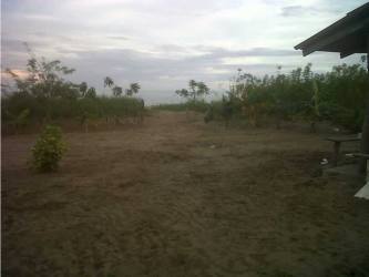 Open sandy yard with campfire and distant red roof house in Pocri beachfront