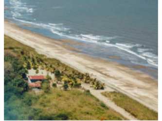 View of sandy beach coastline with calm ocean waves and distant greenery Pocri Panama