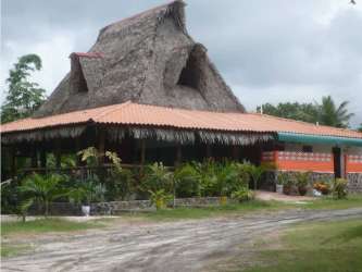 Colorful rustic hut with thatched roof surrounded by landscaping in Farallón Panama