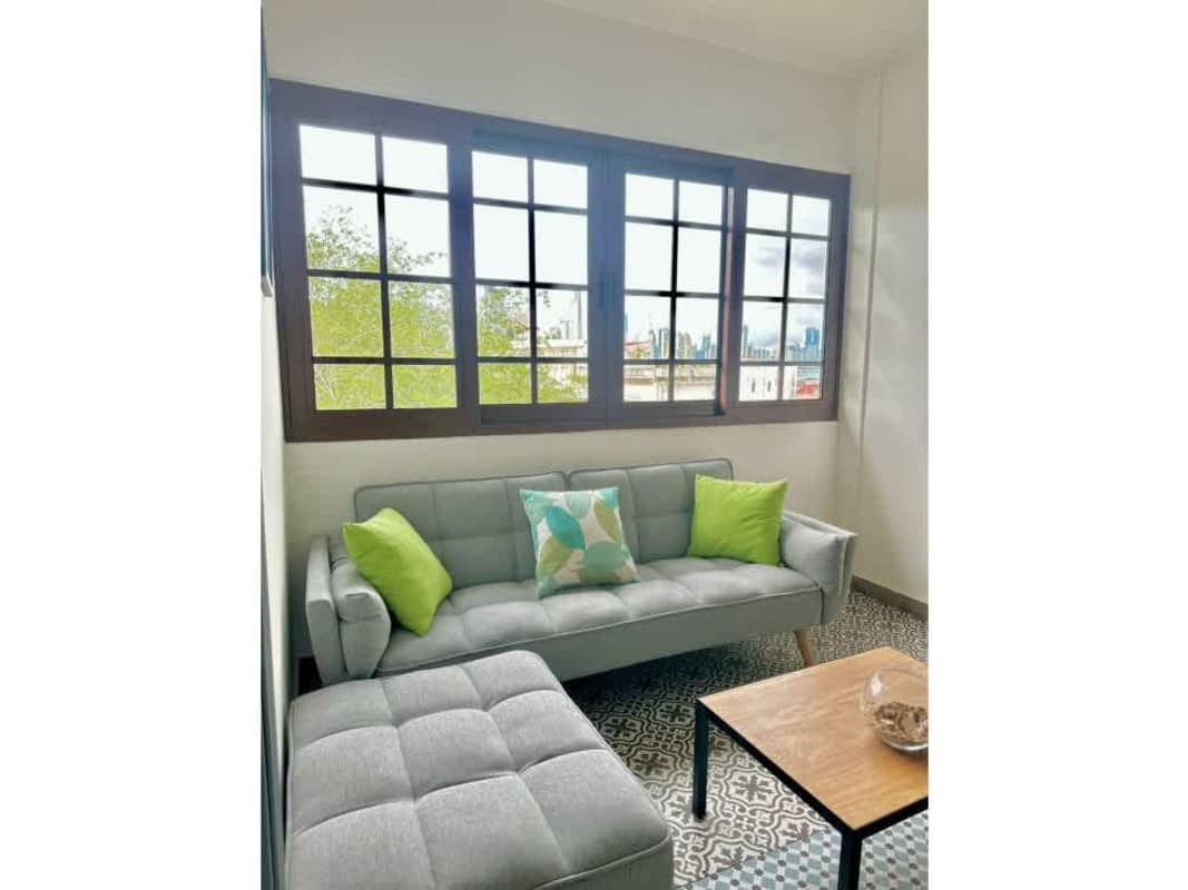 Contemporary bathroom with walk-in glass shower and vanity PH Red Plaza Casco Viejo Panama City