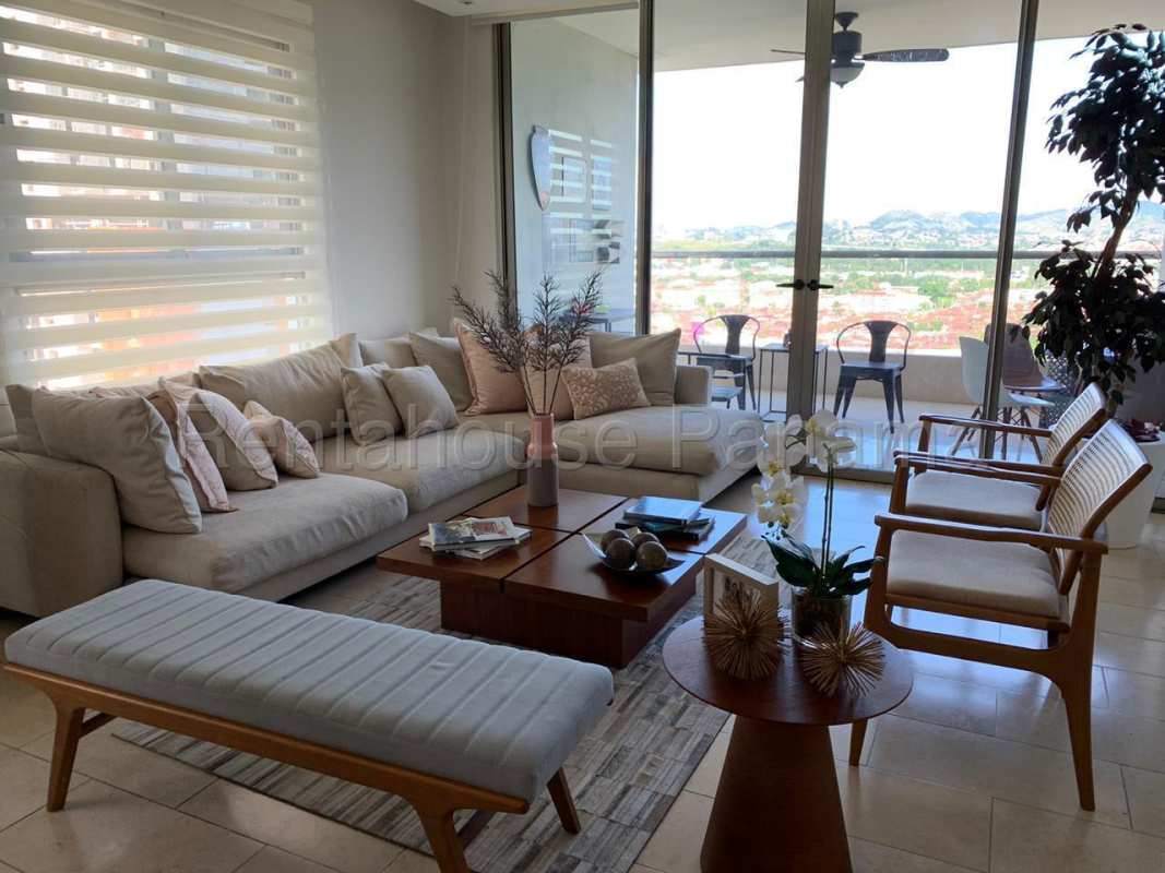 Modern dining and Italian kitchen open layout with marble floors PH Greenview Santa María Panama City