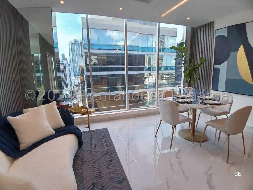 Living area in modern Bella Vista studio with panoramic windows PH Amazonas Panama City