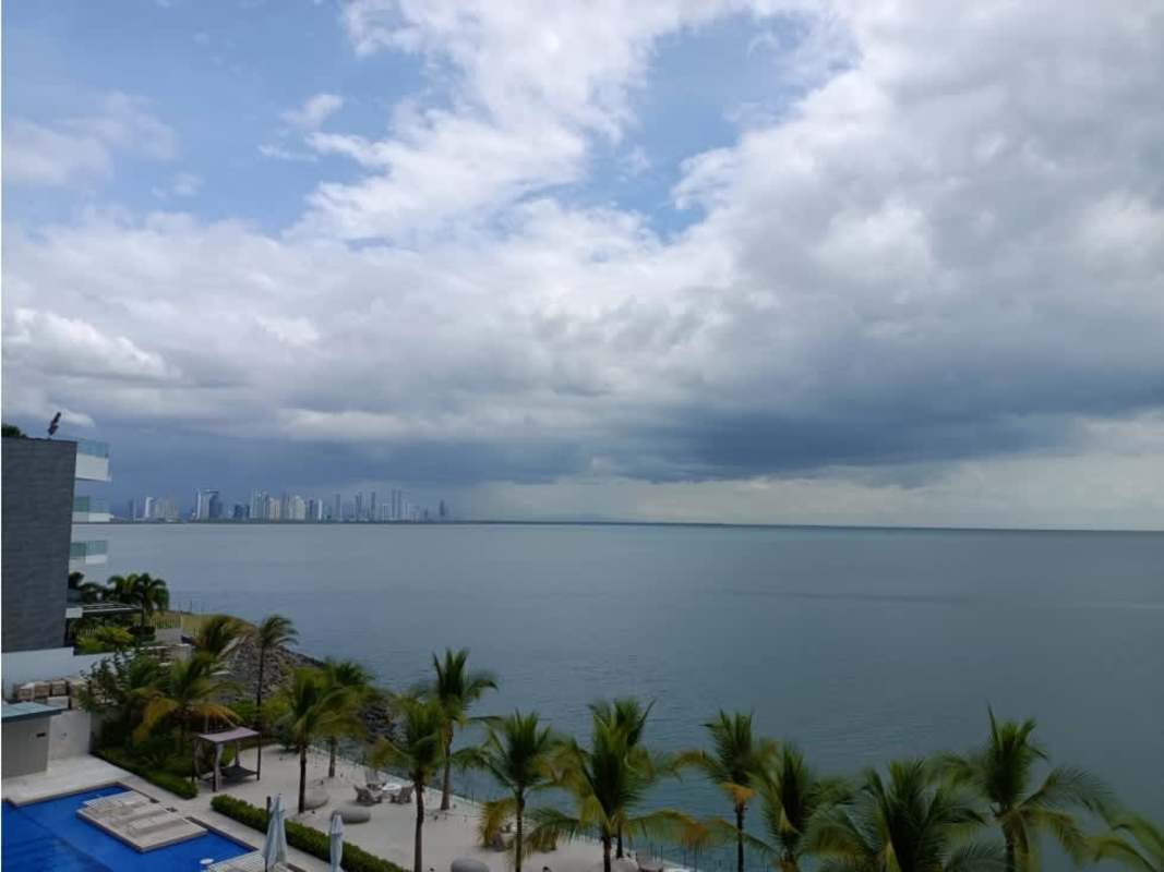 Luxury open kitchen with marble floors, large island and high-end appliances in PH Seascape Panama