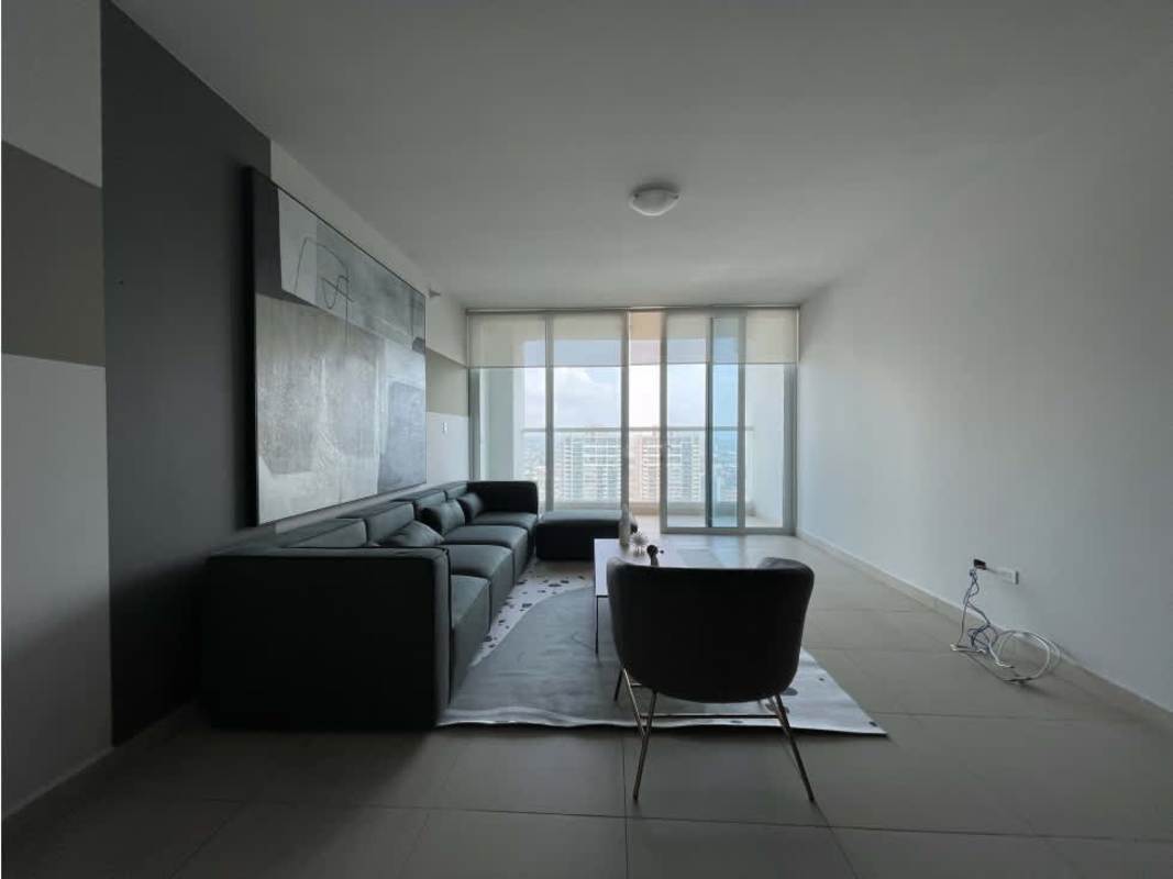 Large balcony with panoramic city and ocean views in luxury apartment Costa del Este Panama