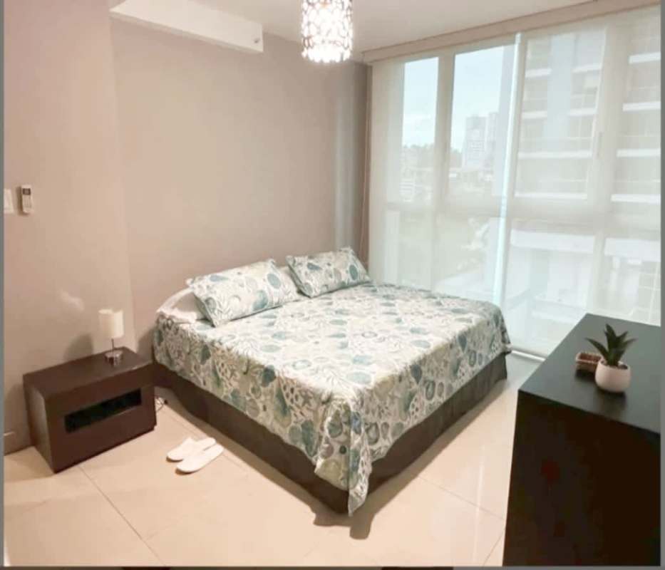 Bedroom with large window, modern decor PH Belle View Tower Marbella Panama