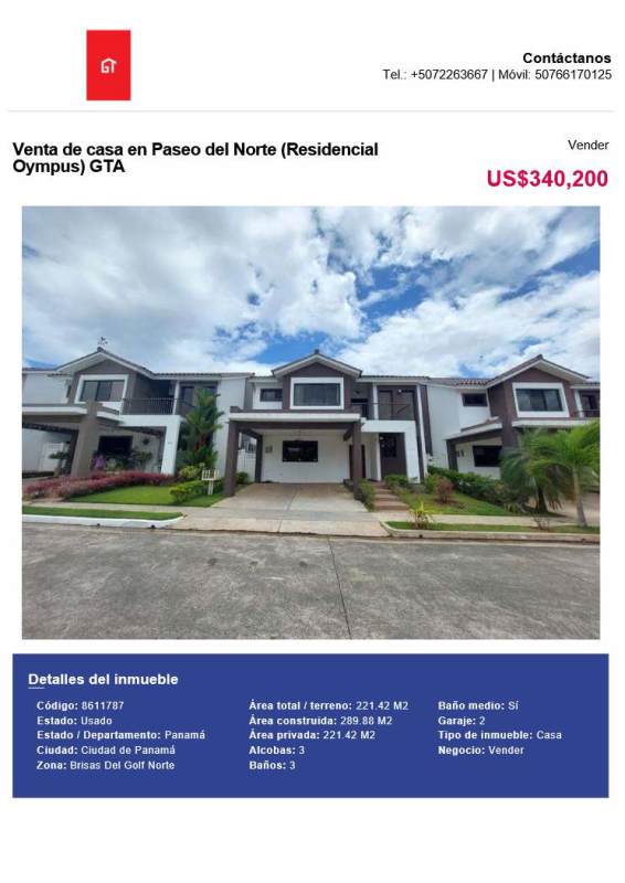 Two-story townhouse facade with garage driveways at Residencial Olympus, Paseo del Norte Panama City