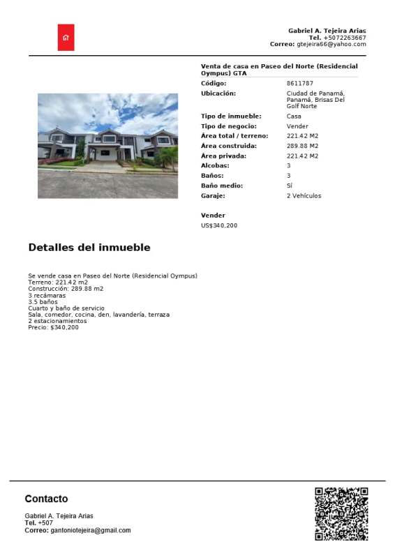 Front view of two-story townhouse in Villas del Golf II with driveway and garage Panama City