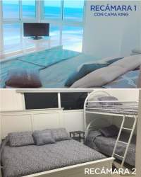 Ocean view master and guest bedroom furnished with king bed, bunk beds, closets, and TVs in PH Corona Resort Playa Corona Panama