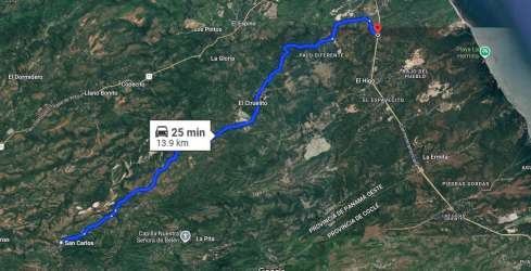 Satellite route map from San Carlos town to coastal area highlighting access routes near Los Yerbos Panama