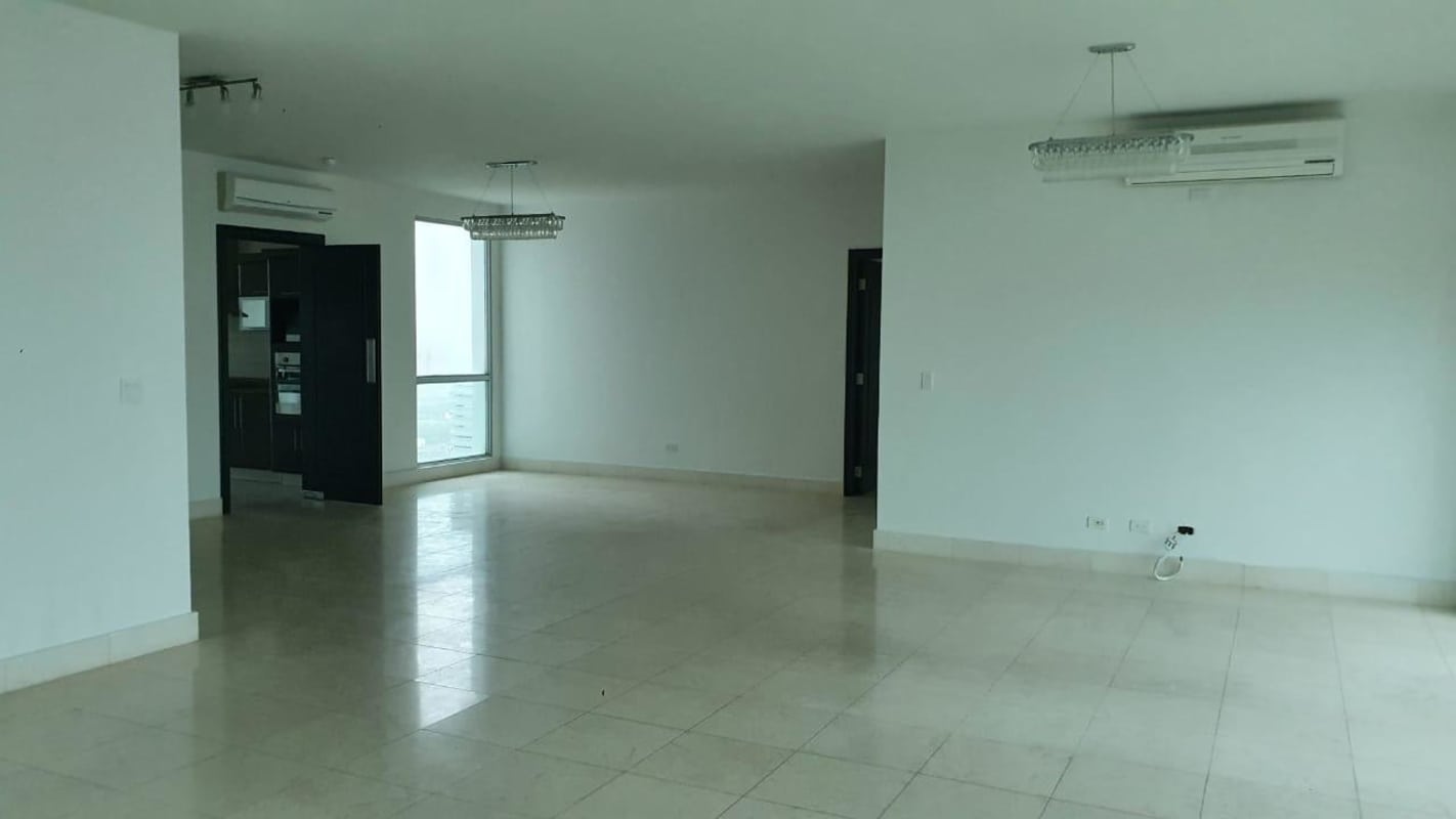 Spacious curved balcony overlooking Pacific ocean and skyline at PH Ocean Two Costa del Este