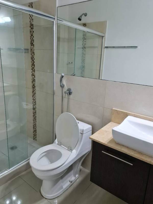 Contemporary kitchen with wood cabinets, stainless steel appliances, and glass dining table in PH San Francisco Panama