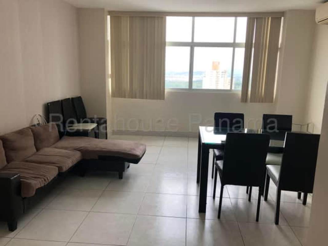 Aerial of Edison Park with city skyline and Ancon Hill view from Vivendi Tower Panama City