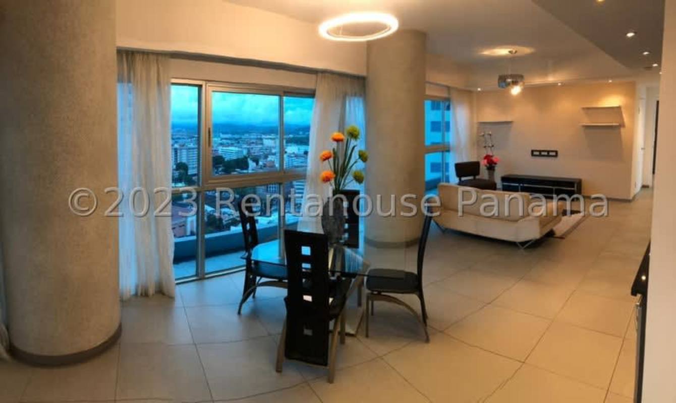 Balcony view overlooking Pacific Ocean and Cinta Costera from Yacht Club Tower Panama City apartment