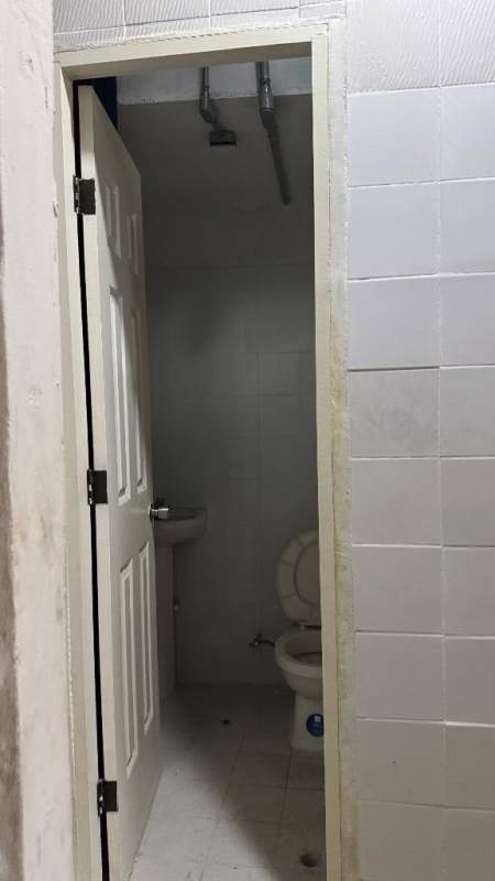 Minimalistic bathroom in commercial space with white fixtures in La Loceria