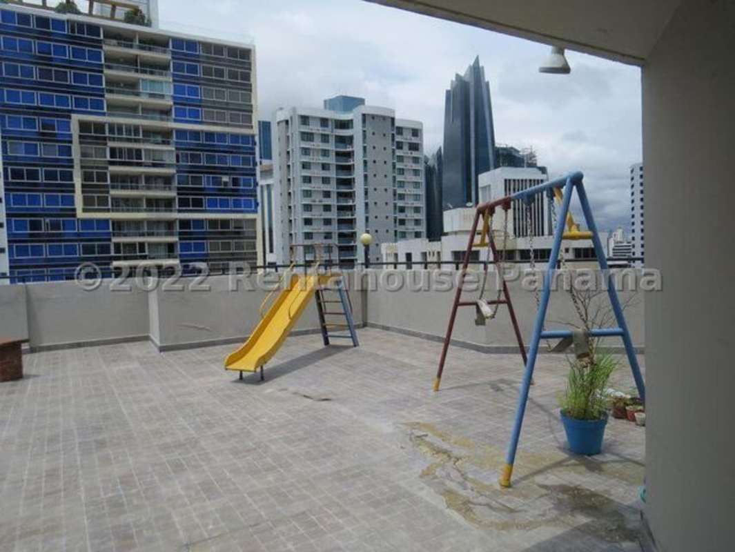Rooftop kids playground and terrace overlooking skyline Marbella Bella Vista Panama