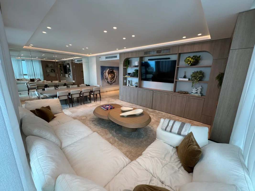 Luxury dining room with marble floors and mirrored wall PH Pacific Village Punta Pacifica