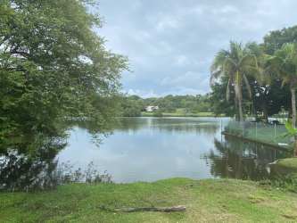 Lakefront with lush greenery and palm trees at Coronado Panama villa for sale