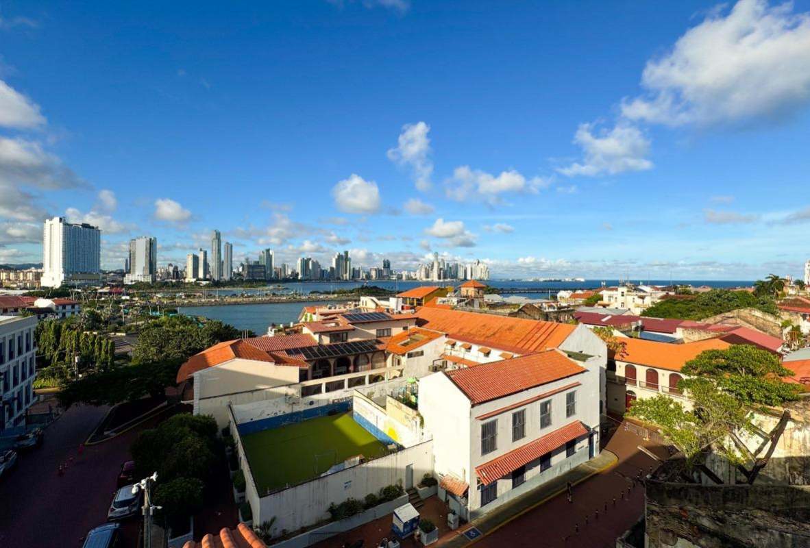 Expansive modern rooftop terrace with ocean and city skyline views in Casco Antiguo Panama