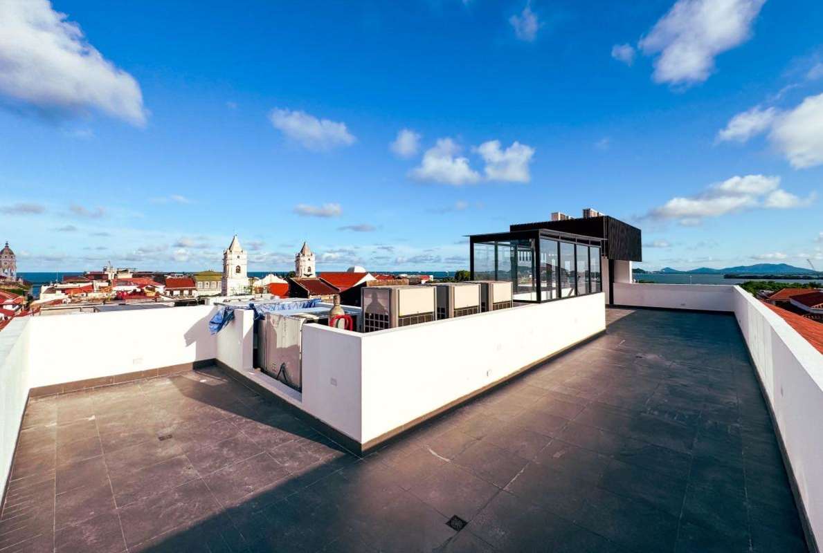 Bayfront skyline and colonial architecture aerial view Casco Viejo Panama City
