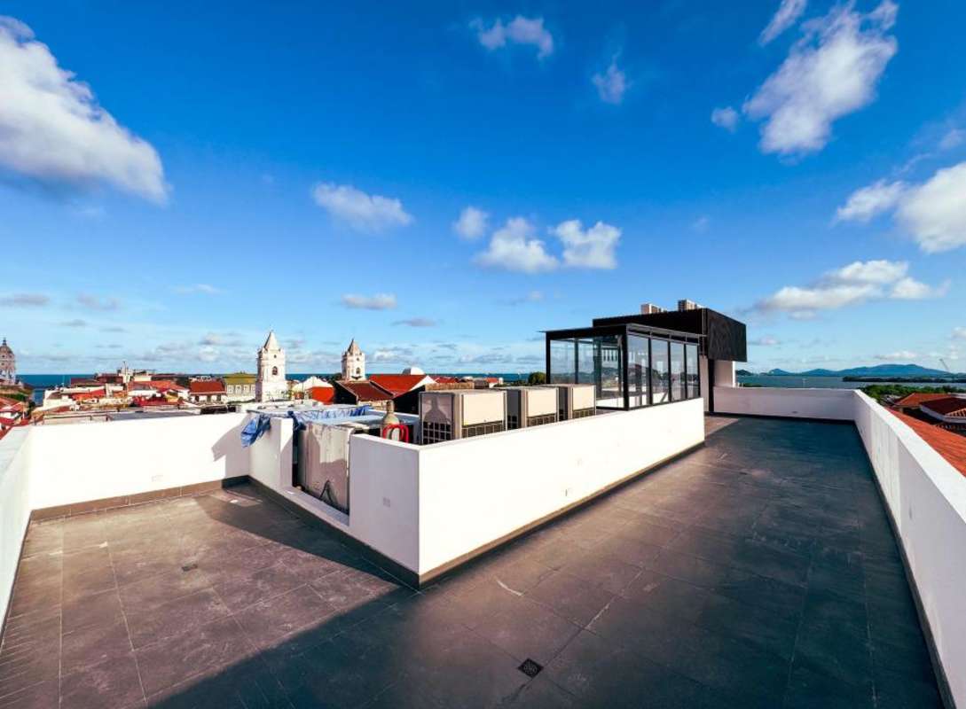 Modern stairwell large windows cityscape Casco Antiguo Panama City