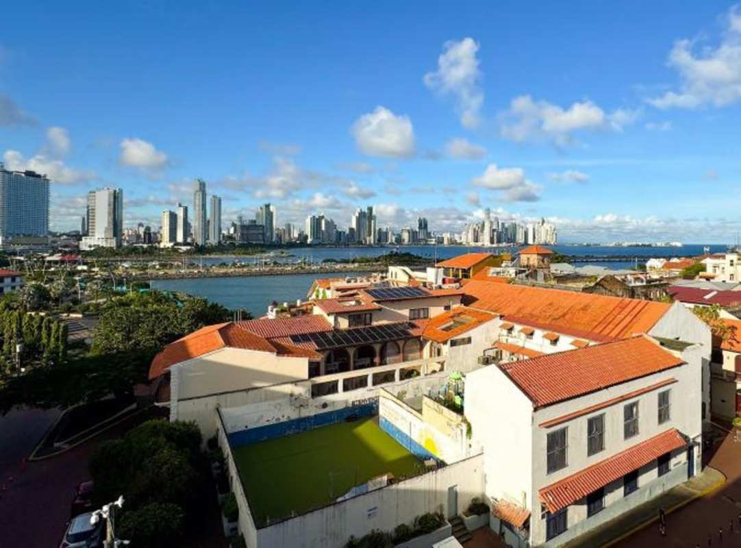 Rooftop terrace with panoramic views of ocean and Panama skyline Casco Antiguo