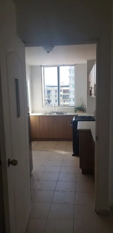 Bright kitchen space with window, granite countertop area, and cabinets in PH Plaza 77 El Cangrejo Panama