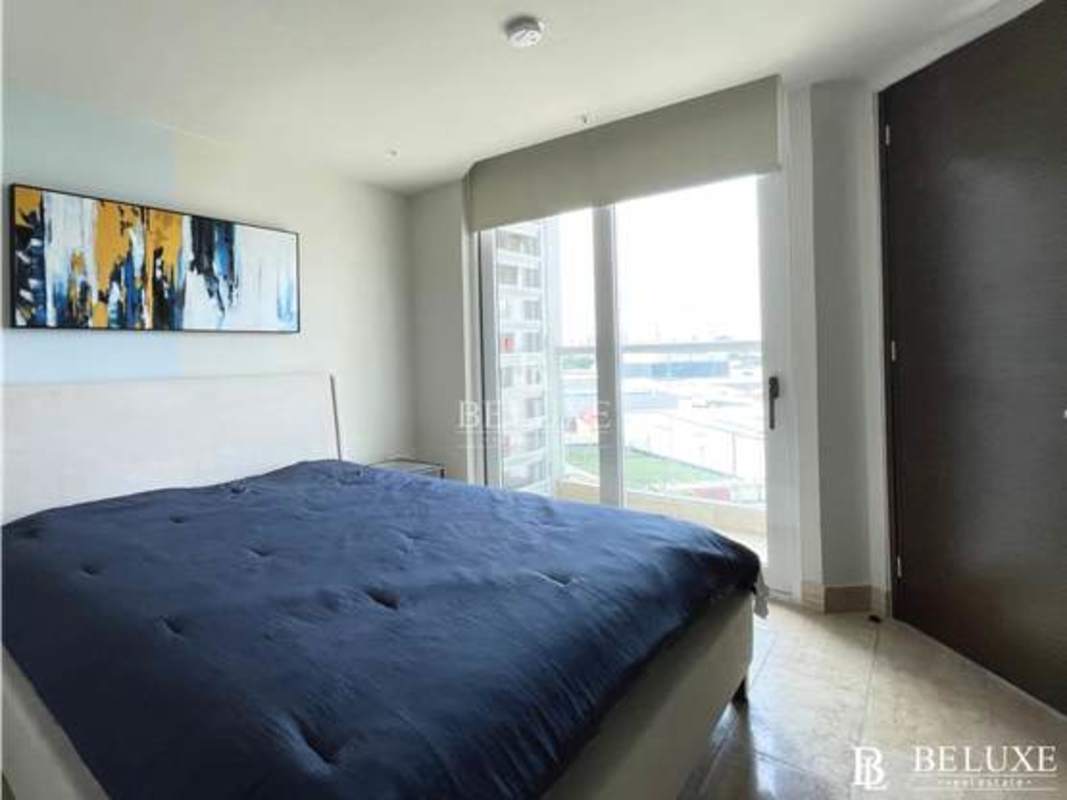 Master bedroom with ocean view window ceramic floors PH The Regent Costa del Este