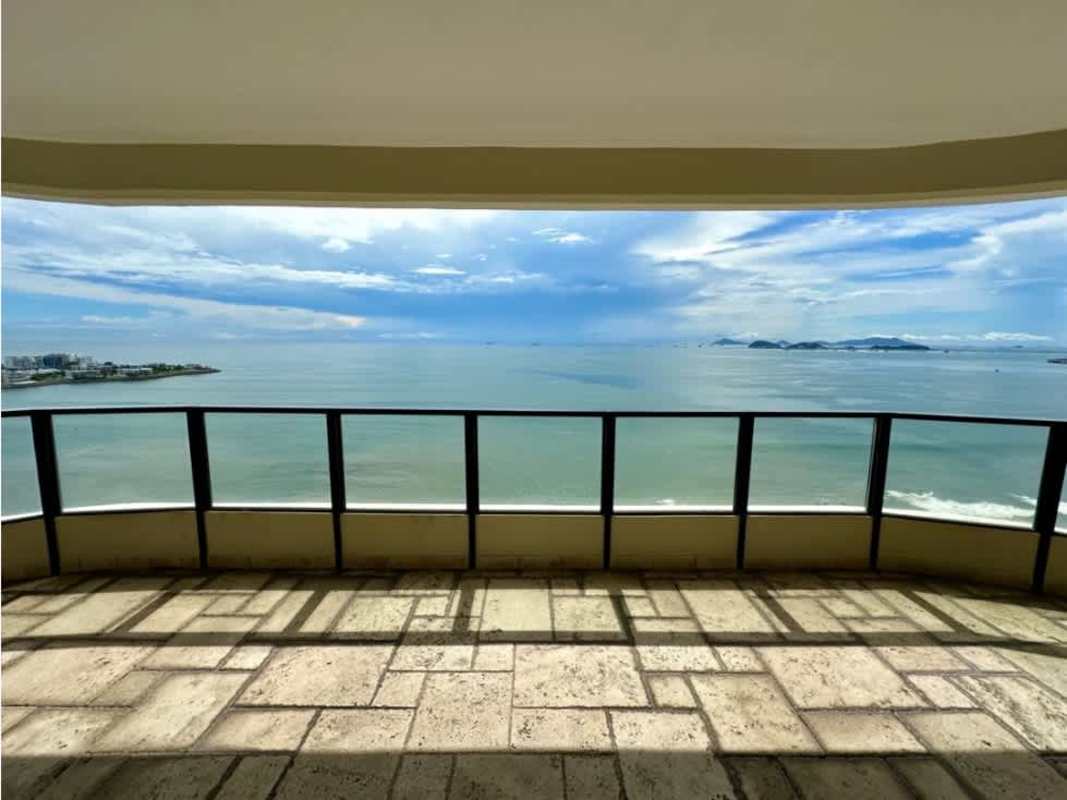 Large balcony terrace with glass railings and Pacific Ocean views at PH Regent in Punta Paitilla Panama City