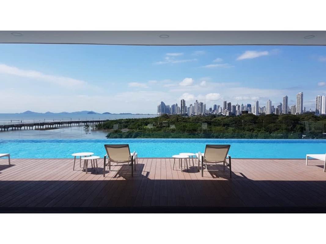 Panoramic infinity pool with sunset skyline ocean views at PH Bali Panama City