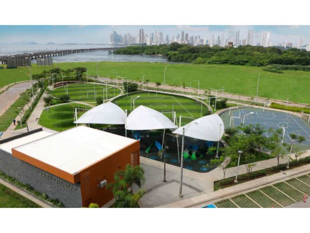 Recreational waterfront park playgrounds sports and skyline view at Costa del Este PH Bali area