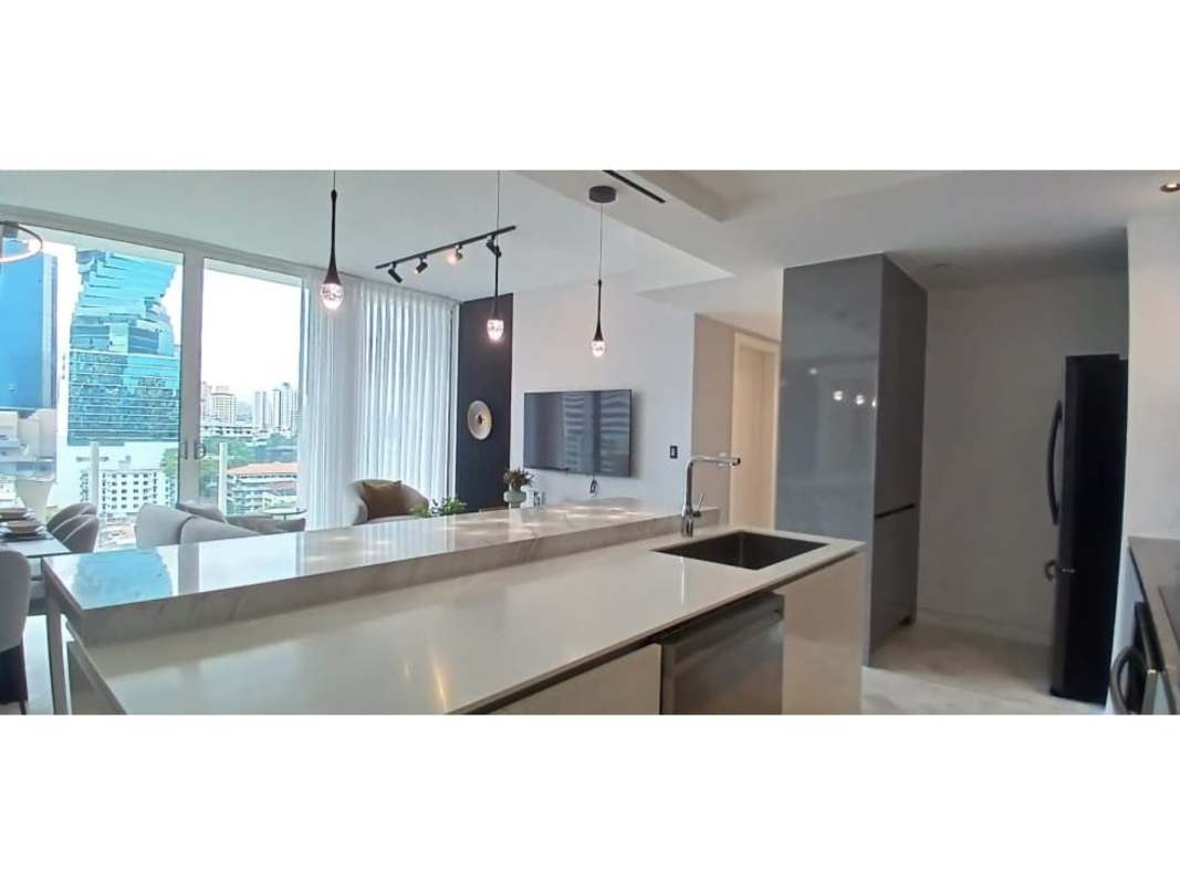 Modern marble island kitchen with pendant lighting at Wander Tower Yoo Panama City