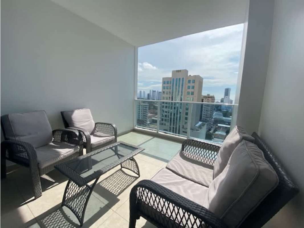 Covered balcony city skyline PH Premium Tower apartment for rent Panama City