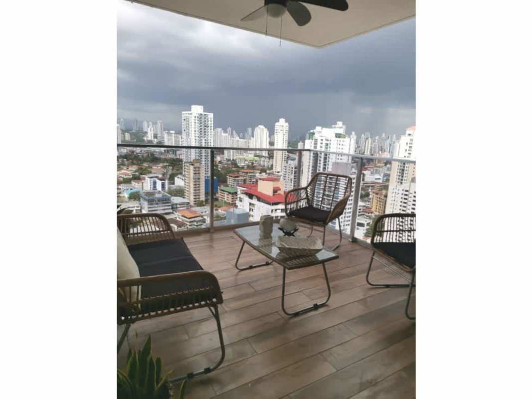 Spacious balcony overlooking Panama skyline from PH Carreras Tower El Cangrejo Panama