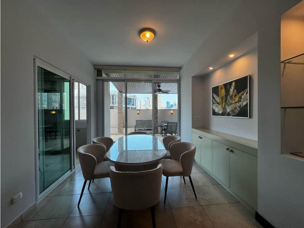 Bedroom with built-in closet, AC and city terrace view at PH Onyx Tower El Cangrejo Panama