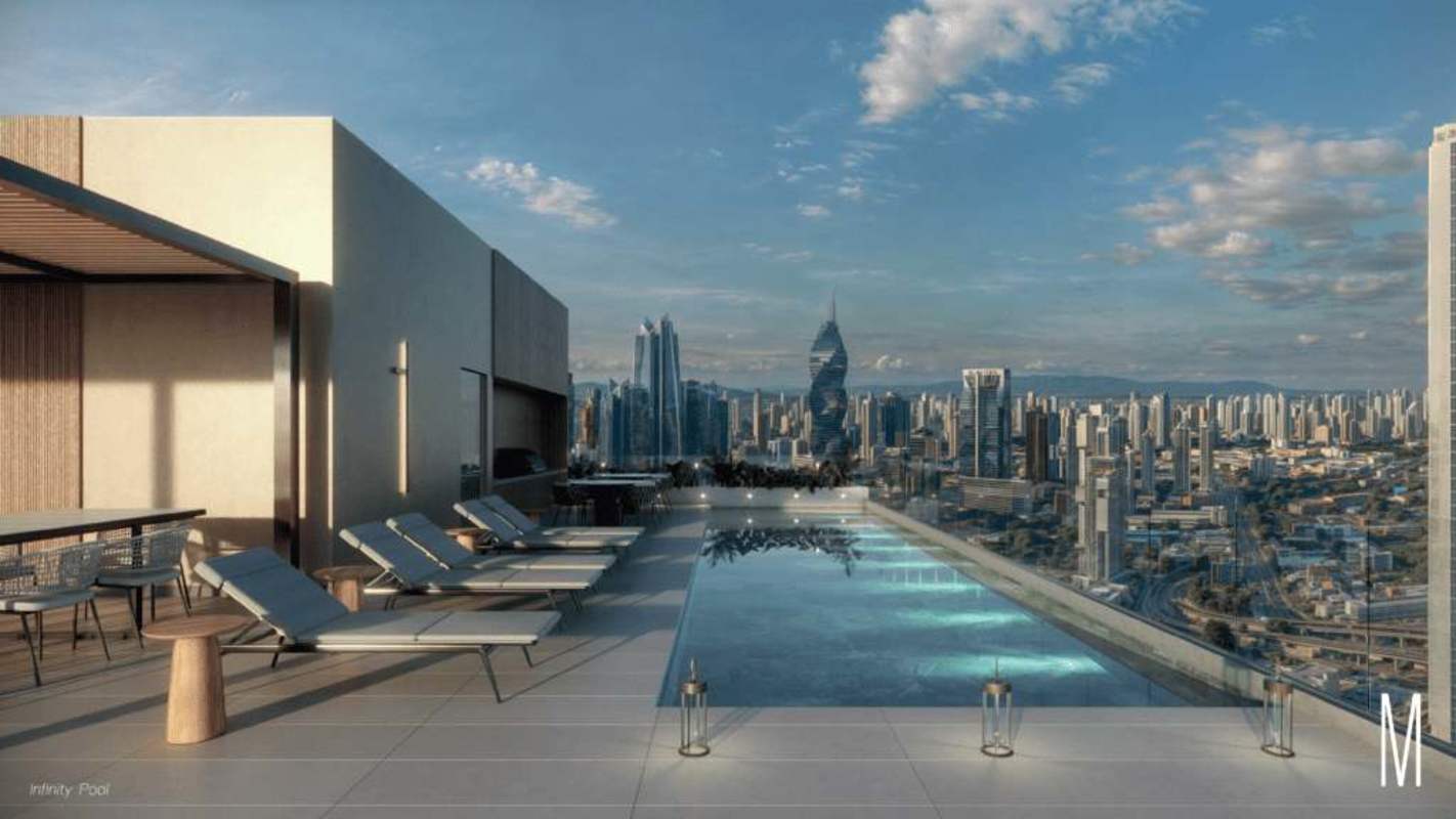 Infinity rooftop swimming pool with panoramic city skyline and ocean views at Moderna 360 Marbella Panama