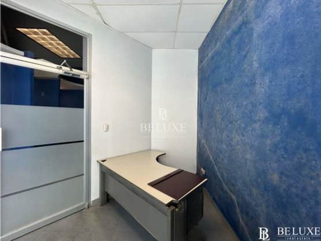 Glass divided modern office with blue accent wall San Francisco Plaza Panama