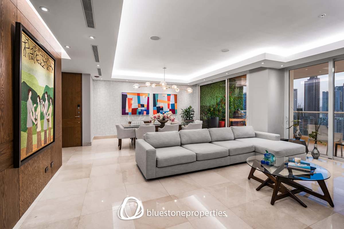 Master bedroom with ocean view windows in luxury penthouse PH Paramount Costa del Este Panama