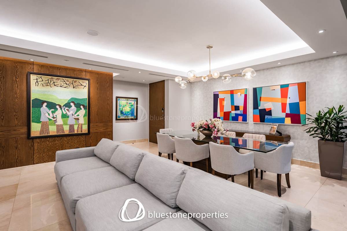 Modern bathroom with dual sinks, marble finishes at PH Paramount Costa del Este Panama