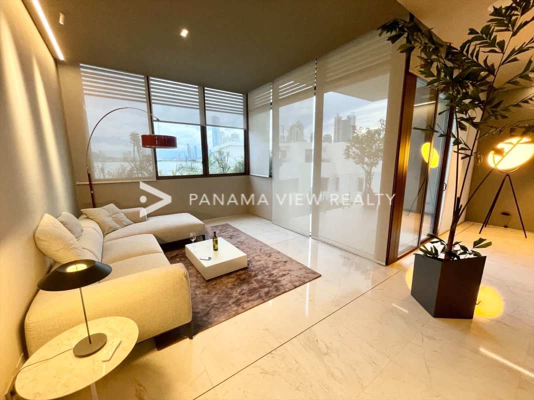 Elegant living room with skyline and waterfront views at Ocean Reef Punta Pacifica