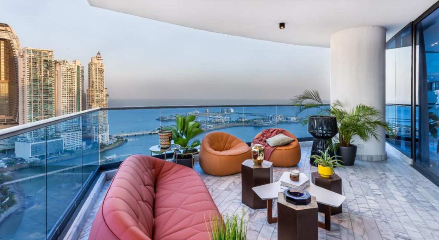 Stylish balcony with ocean skyline views in Punta Paitilla luxury apartment PH Ocean Front