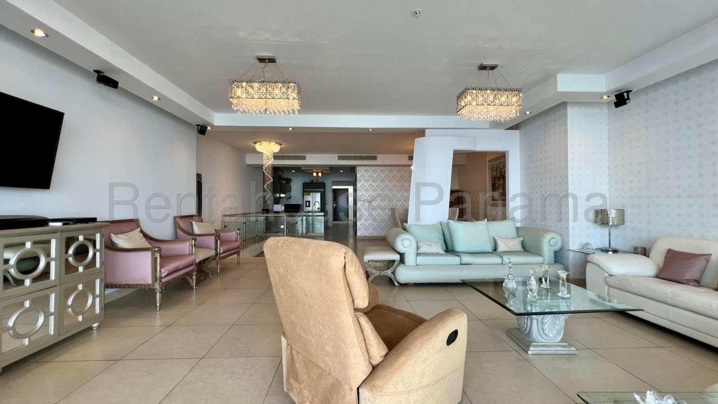 Spacious furnished living room with ocean view duplex at Rivage Tower Panama City Panama